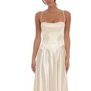 Lucy in the Sky - Satin Square Neck Maxi Dress in Champagne